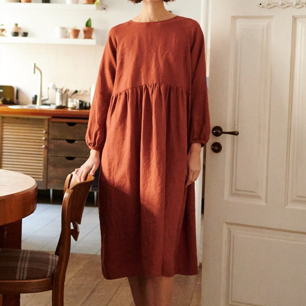Linenfox Linen Smock Dress Terracotta Size L